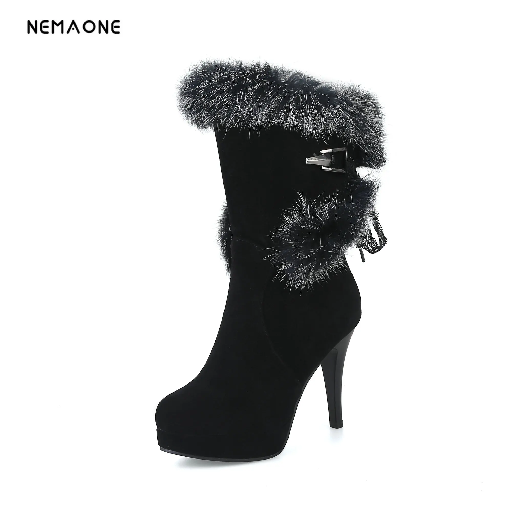 

NEMAONE Big Size 34-43 Ladies Fur Shoes Winter Warm Fashion Boots Women high heel Snow Boots Platform Shoes Woman
