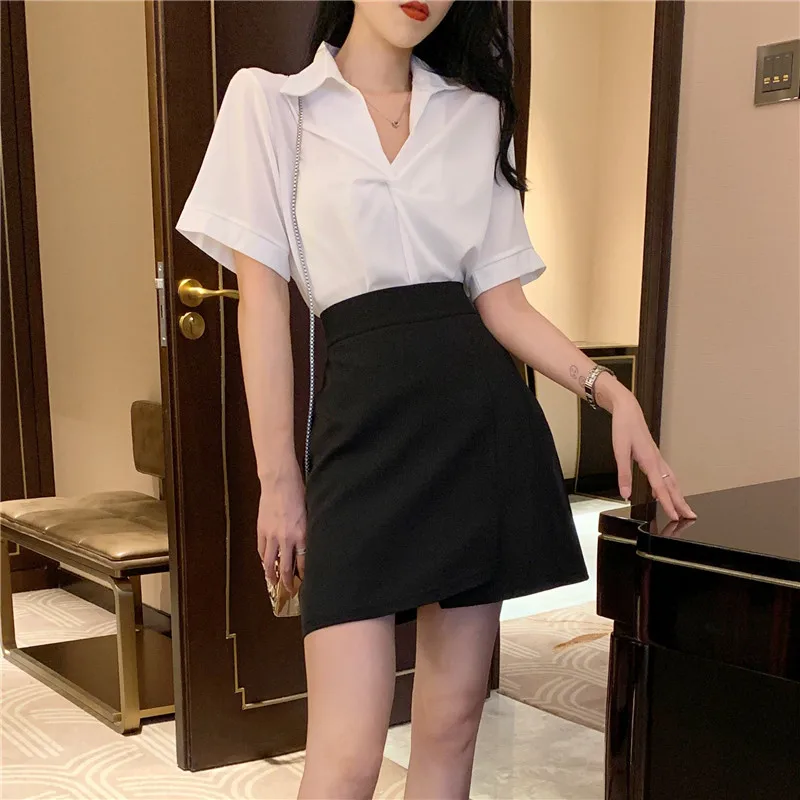 

New Fashion Office Lady Elegant Two-piece Dress Suits Women V Neck Designed Shirt&High Waist A Line Skirt Sets Mini Skirt Suits