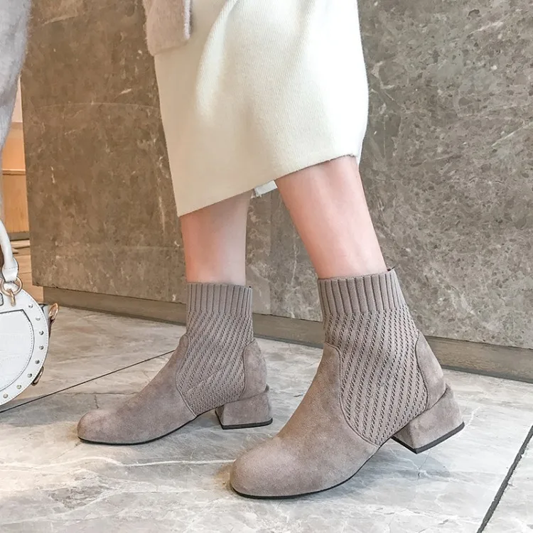 

MLJUESE 2020 women soft ankle boots knitting round toe slip on square heel boots winter short plush women socks boots