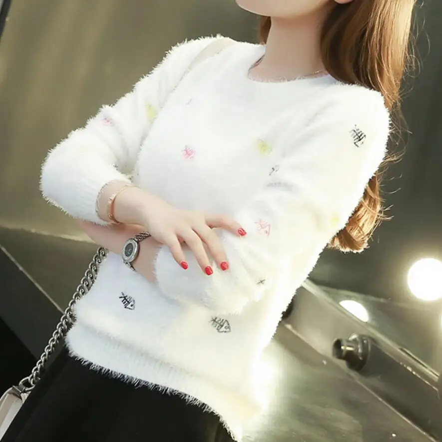 

Women Sweater Fall Autumn Winter Fashion Design Animal Colorful Fish Embroidery Pullovers Female Warm Soft Faux Mohair Sweater