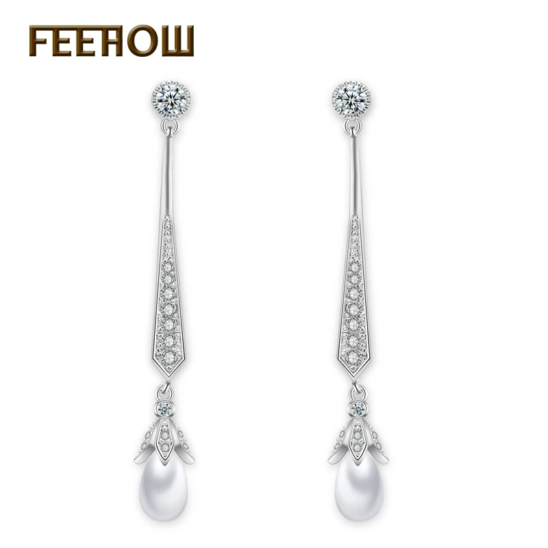 

FEEHOW New Arrival Vintage Cubic Zircon Drop Earrings Trendy Imitation Pearl Wedding Jewelry for Bridal FWEP527