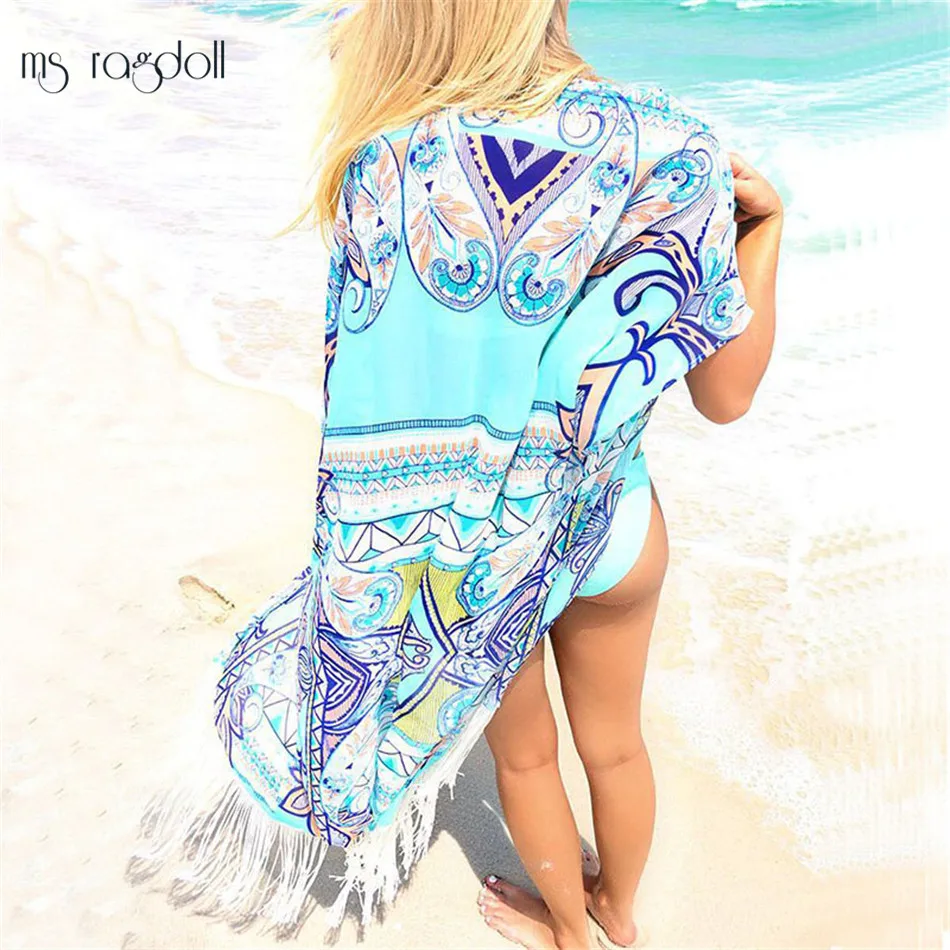 Шифоновый бикини длинный кардиган с кисточками женский купальный костюм в