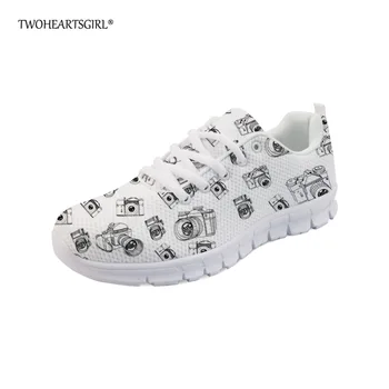

Twoheartsgirl Lace-up Women Flats Breathable Female Ladies Spring Summer Mesh Shoes Printed Camera Pattern Sneakers Flats Shoes