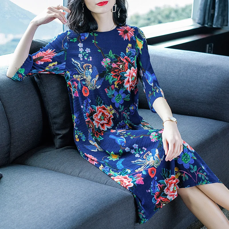 

Retro Printed Pleated Dresses Spring New Women's Loose Big Size Fashion Tidal Dress