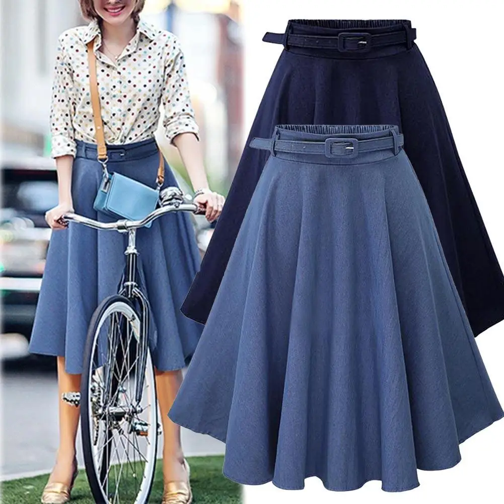 

2019 New Fashion Summer Office Lady Vintage Solid Color Denim High Waist Loose A-Line Midi Knee Length Skirt with Belt Dual Blue