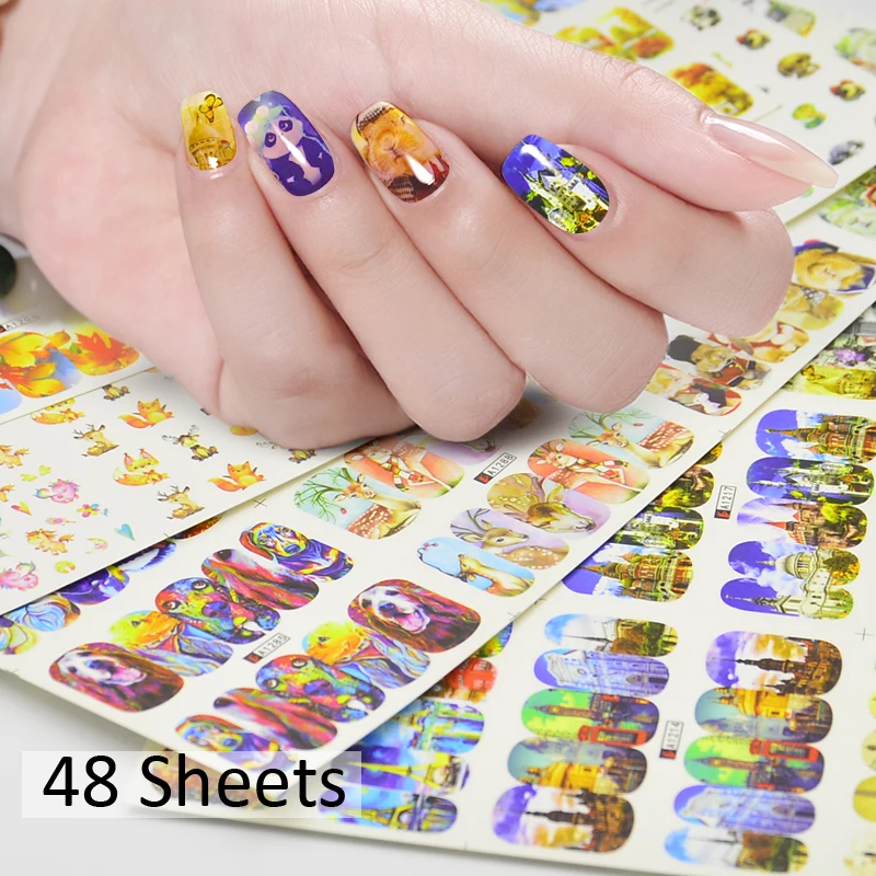 

1 Pack 48 Sheets Nail Art Sticker Mixed Maple-leaf Eiffel Tower Cartoon Animals Designs Decals Watermark Tips Decoration Tools