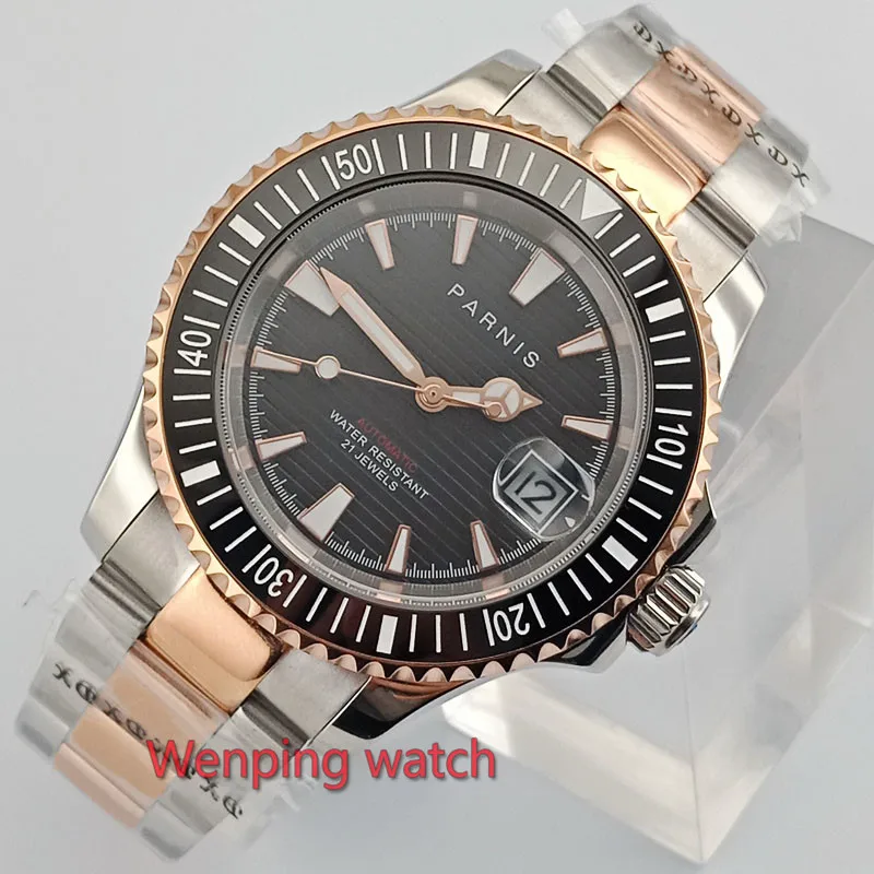 

Luxury 41mm Gold plated Parnis watch black dial sapphire glass luminous ceramic bezel Automatic wristwatch men E2630