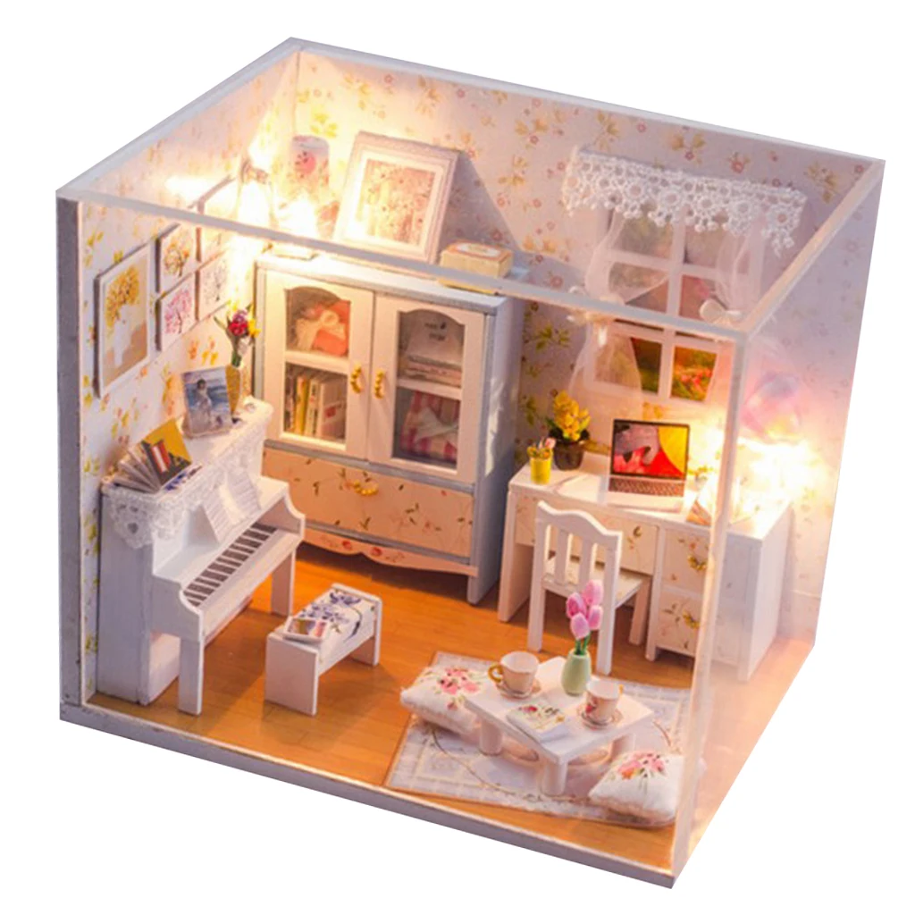 Cute DIY Wooden Dollhouse Miniature Apartment Room House Model LED Light Furniture Kits Birthday Wedding Gifts