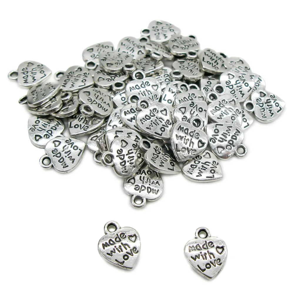

TOAOB 50pcs Antique Silver Heart Charm Pendants Made With LOVE for DIY Making Crafting