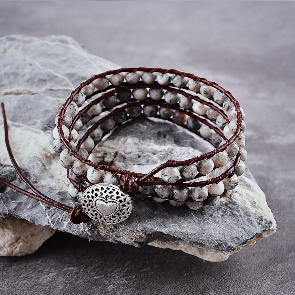 

Asingeloo Natural Matte Stone 6mm Spot Beads Leather Bohemia Bracelets 3 Wraps Handmade Vintage Jewelry Bracelet for Women Gift