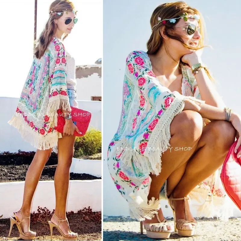 

2019 New Fashion Shirts Women Boho Fringe Floral Kimono Cardigan Tassels Beach Cover-Up Cape Blouse Woman Tops