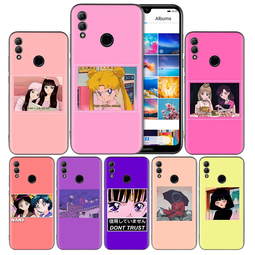 

Japanese Anime Aesthetic Black Silicone Case Cover for Huawei Honor 8X 8C 8A 8S 10 10i Lite Play V20 Y9 Y7 Y6 Y5 Prime 2018 2019