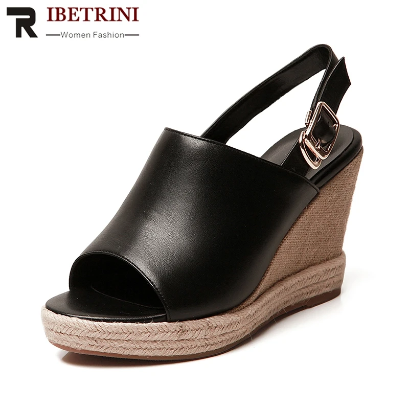 

RIBETRINI 2019 New Consice Solid Platform Sandals Women Summer Cow Leather High Heels Sandals Women Wedges Shoes Woman