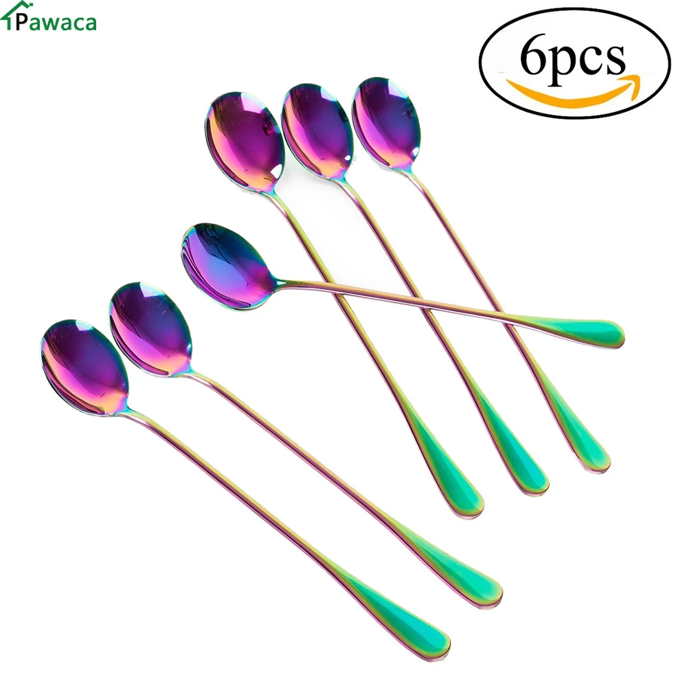 

New 6pcs Stainless Steel Long-handled Colorful Soup Spoon Coffee Spoon Ice Cream Coffee Cocktail Teaspoons Soup Tea Spoons Set