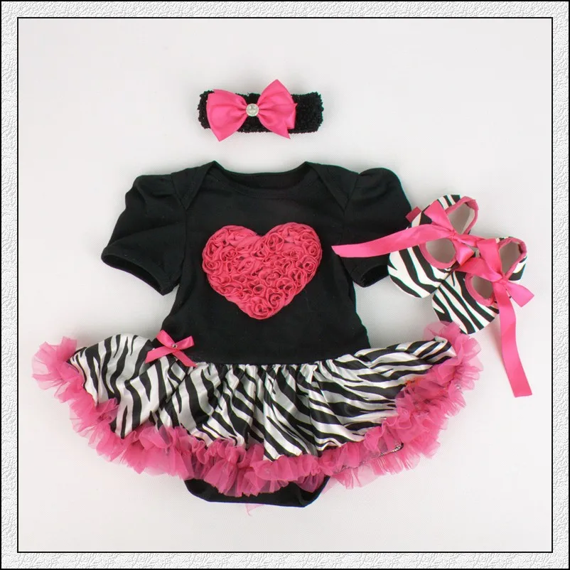Детские Комбинезоны для малышек 3 шт. комплект одежды для новорожденных Детские Обувь для девочек зебры сердце любовь платье-пачка jumpersuit