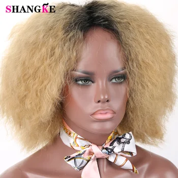 

Short Afro Kinky Curly Fluffy Hair Dark Roots Ombre Black Brown Wigs For African American Women Heat Resistant Synthetic
