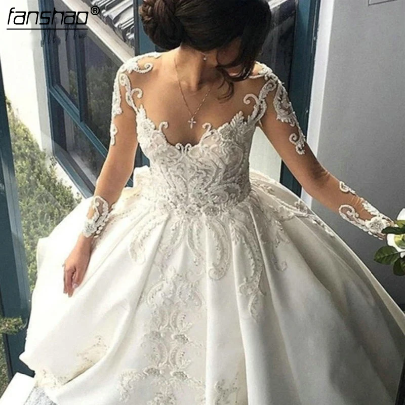 Элегантные атласные свадебные платья Fanshao Дубай с соборным шлейфом кружевной