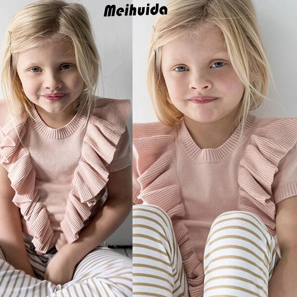 Новое поступление, трикотажная футболка хлопковые топы из волокна для маленьких девочек, летняя розовая футболка с оборкой, детская одежда для малышей