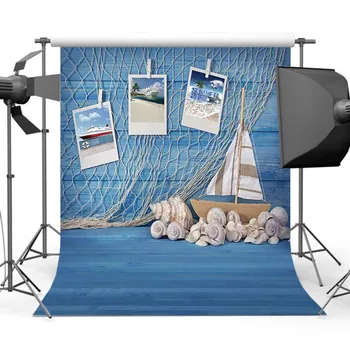 

Mehofoto Newborn Backdrop Wood Photo Background Conch Shell Backdrop for Photography Fishing Net Props Computer Printed 782