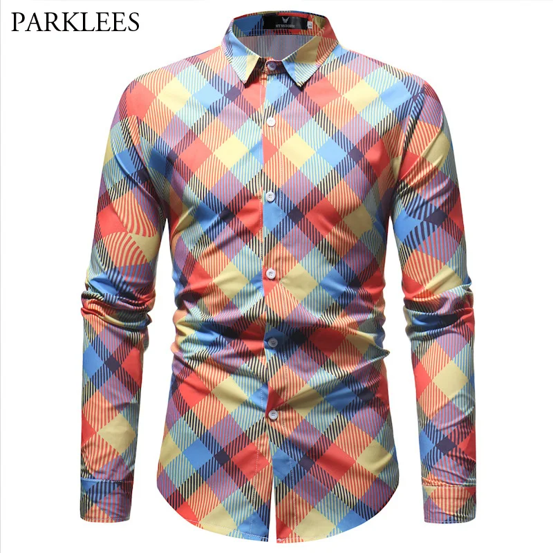 Colorful Plaid Print Fashion Shirt Men Slim Fit Long Sleeve Mens Dress