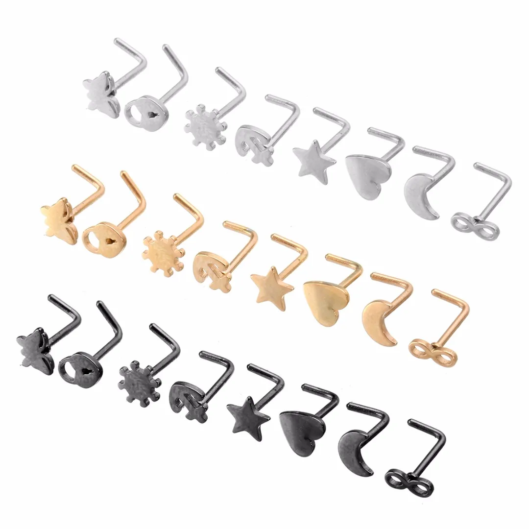 Fashion Nose Studs Nose Rings Stainless Steel L Shape Heart Moon Star Nose Ring Stud Women's Piercing Jewelry 8pcs/set
