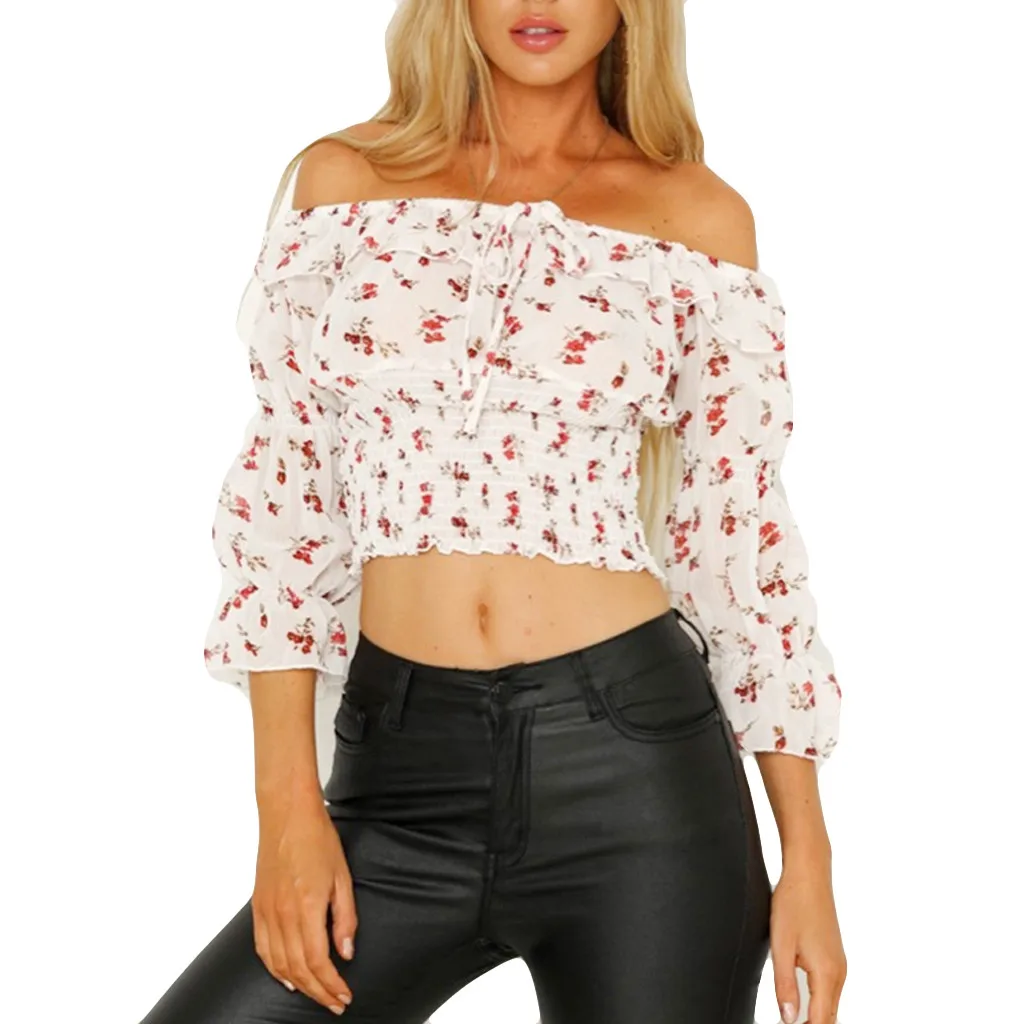 Модная женская сексуальная блуза до пупка с принтом и открытыми плечами на
