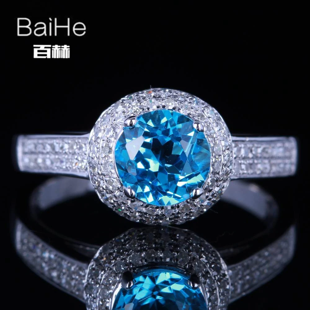 BAIHE Стерлинговое Серебро 925 1.3ct Сертифицированный безупречный круглый подлинный синий топаз Обручальное женское модное Драгоценное кольцо