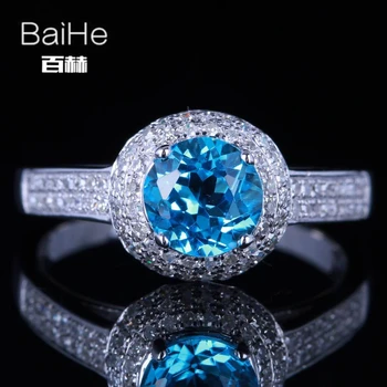 

BAIHE Sterling Silver 925 1.3ct Certified Flawless Round Genuine Blue Topaz Engagement Women Trendy Fine Jewelry fashion Ring