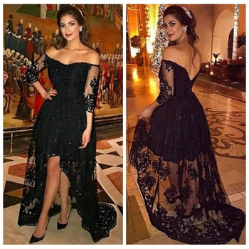 

2019 Sexy Sweetheart Half Sleeves Black Lace Appliques Prom Dresses High Low Hi-Lo Women Special Occasion Evening Party Gowns