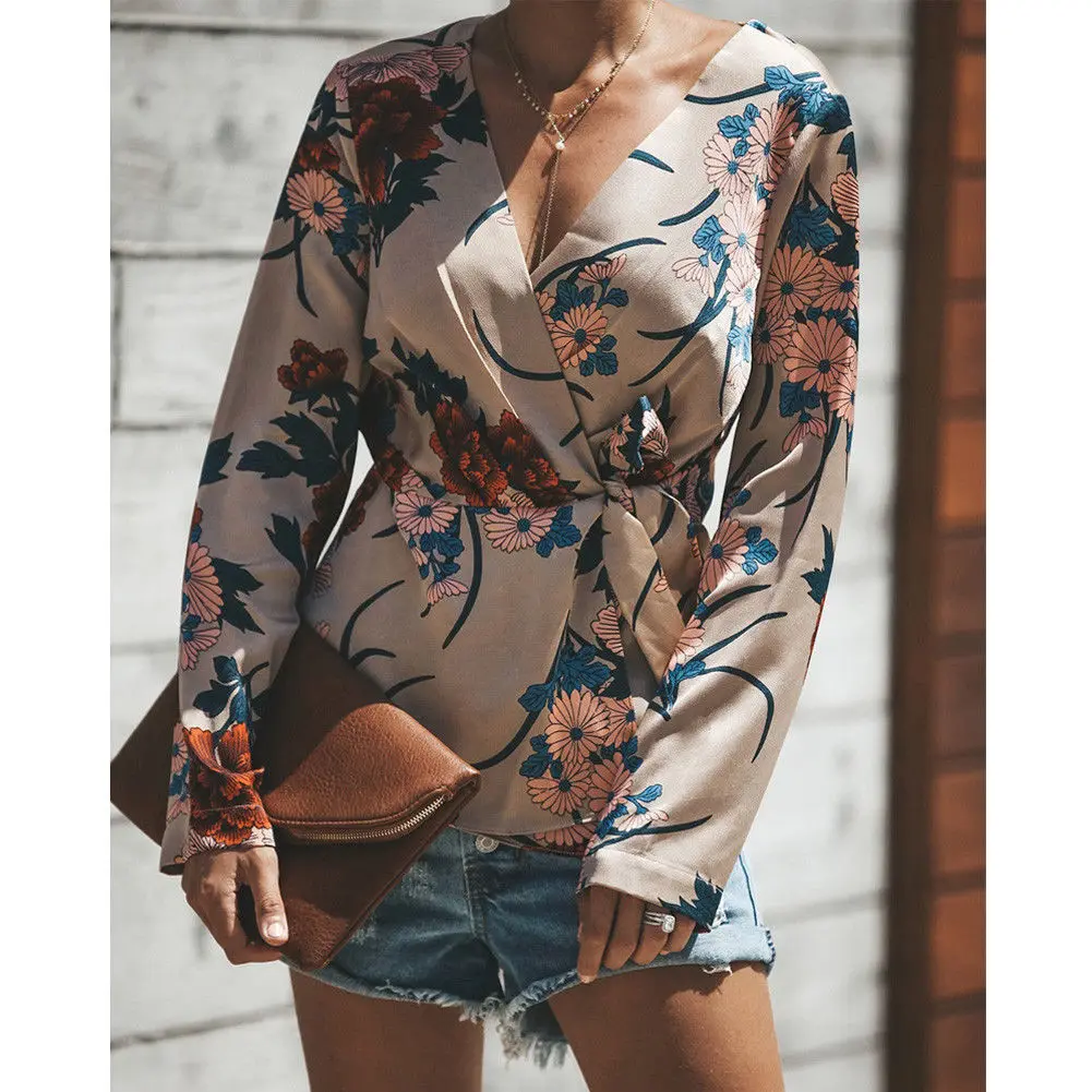 Женские цветочные рубашки блузка Повседневное свободные с длинным рукавом осень футболки пояса перо женские Костюмы