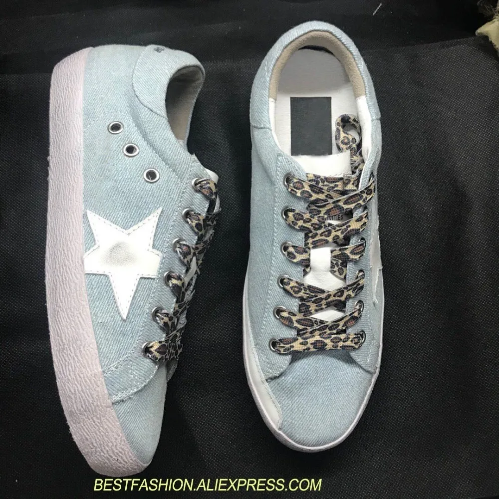

Real Leather Low Top Sneakers Women Brand Star Do Old Dirty Shoes Woman Leopard Lace up Casual Shoes women Blue Tenis Fashion