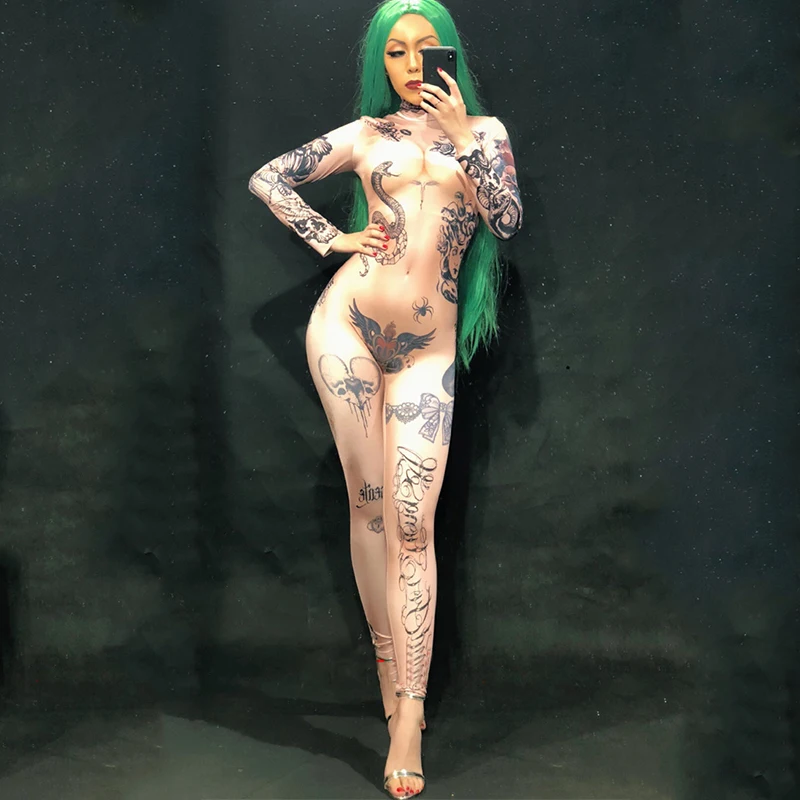 New Women Sexy Jumpsuit Nightclub Party Naked Tattoo 3D Printing Bodysuit Stage Wear Dancer Singer Performance Clothing New Women Sexy Jumpsuit Nightclub Party Naked Tattoo 3D Printing Bodysuit Stage Wear Dancer Singer Performance Clothing