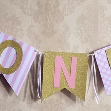 На заказ розовый тема Золотой баннер с надписью девочка стульчик Бантинг 1-й День рождения баннер один ребенок душ розовый полосы гирлянды