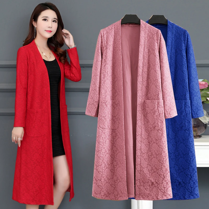 

Plus Size 3XL 4XL 5XL Women Lace Long Sweater Cardigans Trench Coat For Women Femme Outerwear Coats New 2019 Spring Autumn
