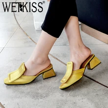 WETKISS/Новые летние женские шлепанцы, коллекция года, атласные повседневные модные женские туфли без задника с квадратным носком, на плоской подошве, обувь без задника, большой размер 43