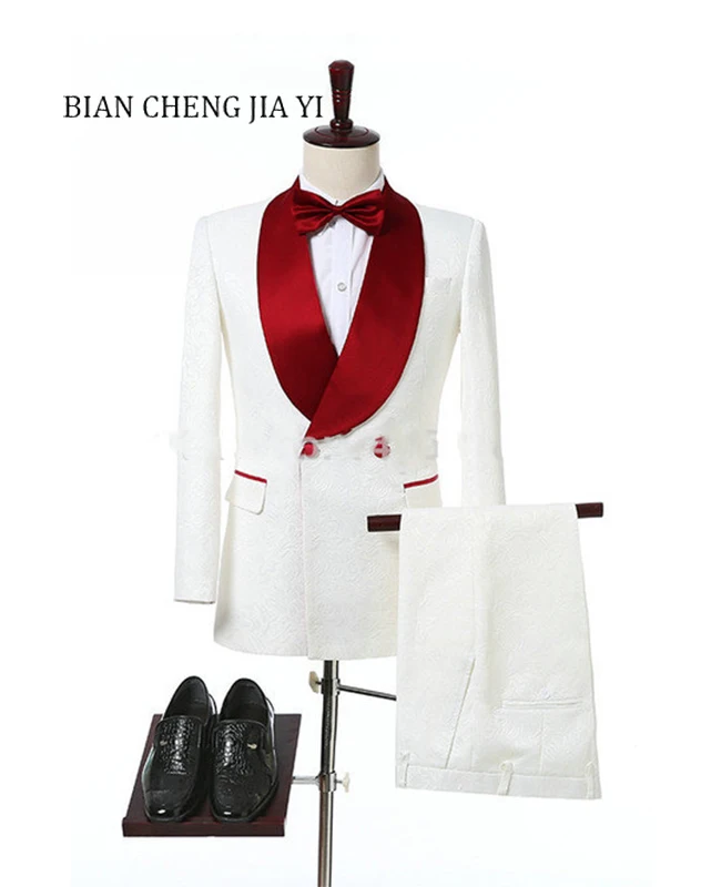 Pre-owned Price of  2019 Fashion White Men's suits with Red Shawl Lapel Slim Fit Suit Men Business Wedding Groom Prom P