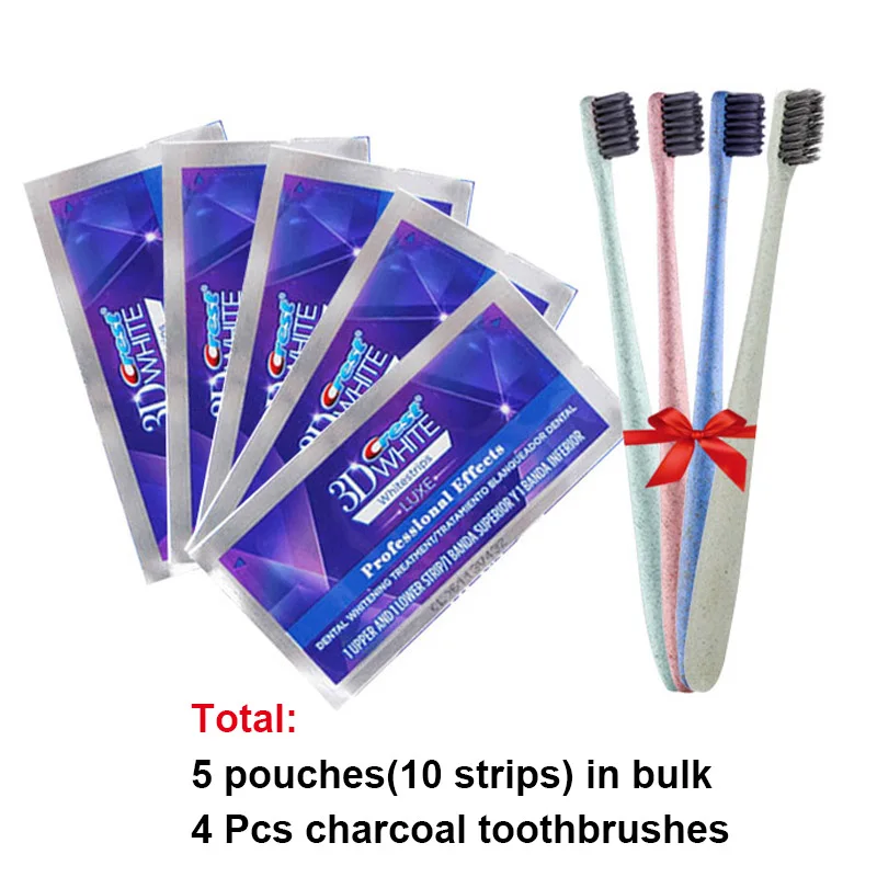 5poucehs4brushes 3D белые отбеливающие полоски для зубов, профессиональные эффекты, белая зубная щетка с мягкой щетиной и древесным углем для отбеливания зубов - Цвет: 5poucehs4brushes