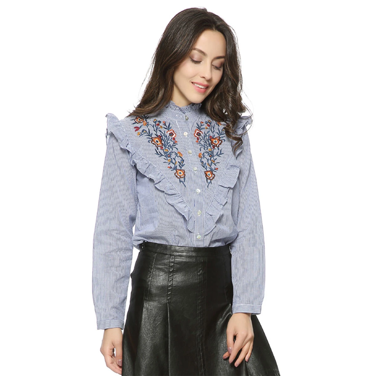 Vintage Floral Embroidery Cotton Ruffled Neck Striped Long Sleeve Casual Blouse Tops