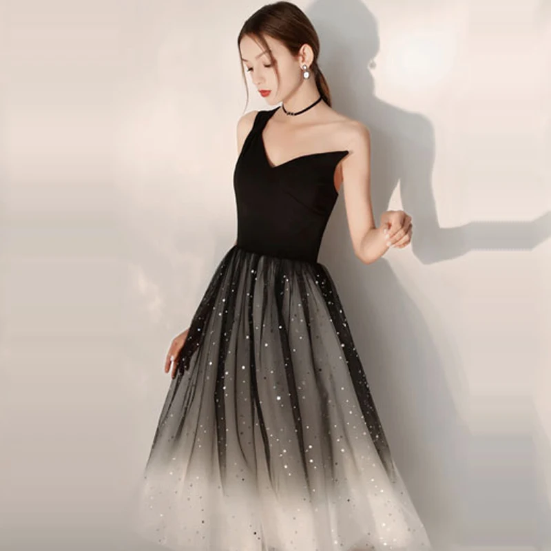 Beste Cocktail Jurk Zwart Een Schouder Plooi Vrouw Jurken 2019 Mouwloze Plus Size Sexy Diepe V hals Gewaad Cocktail Jurken E707