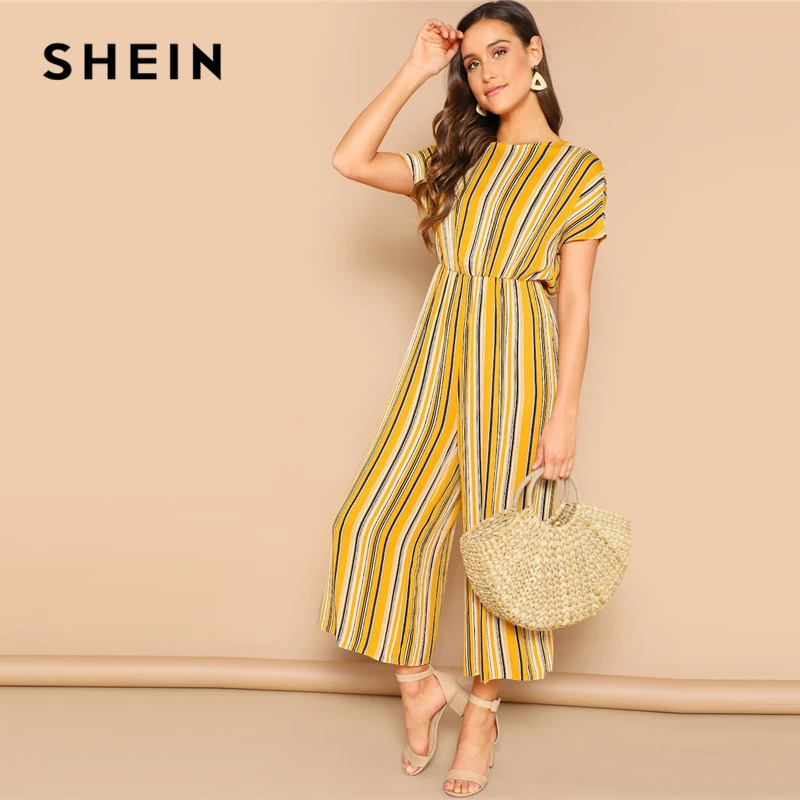 

SHEIN Multicolor Knot Backless Striped Palazzo Wide Leg Long Jumpsuit Women Mid Waist Short Sleeve Solid Elegant Jumpsuits