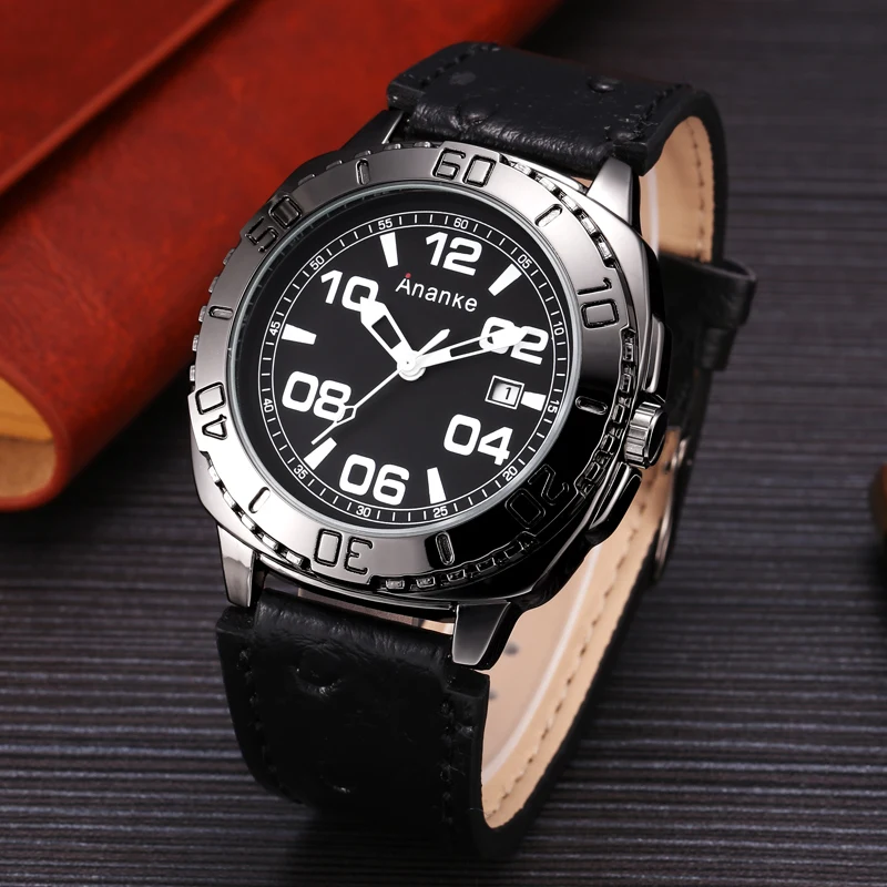 ANANKE Waterproof Military Calendar Watches Male Black Leather Quartz