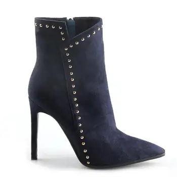 

2019 Women Punk Rivets Studded Short Ankle Boots Women Fashion Design Pointed Toe Chelsea Booties Thin High Heels Shoes Women