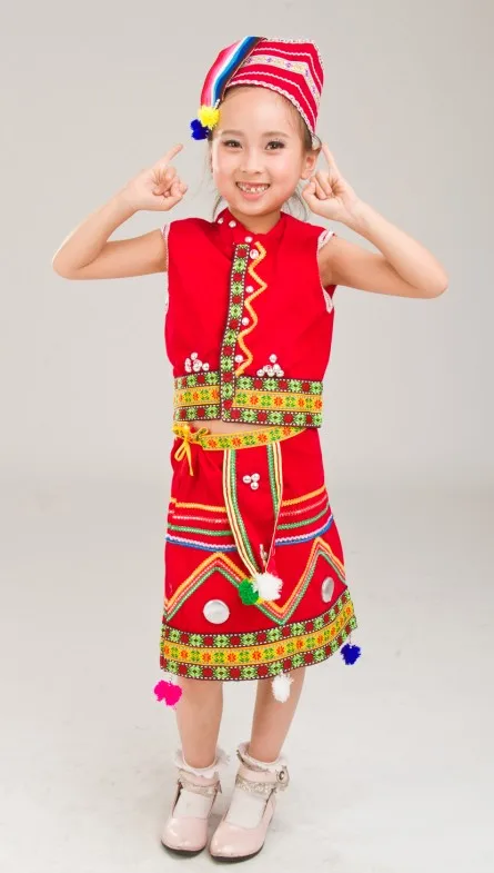 Одежда для девочек Miao Hmong одежда Китайский народный танец костюм для детей Традиционный китайский национальный костюм Топ Юбка с шапками