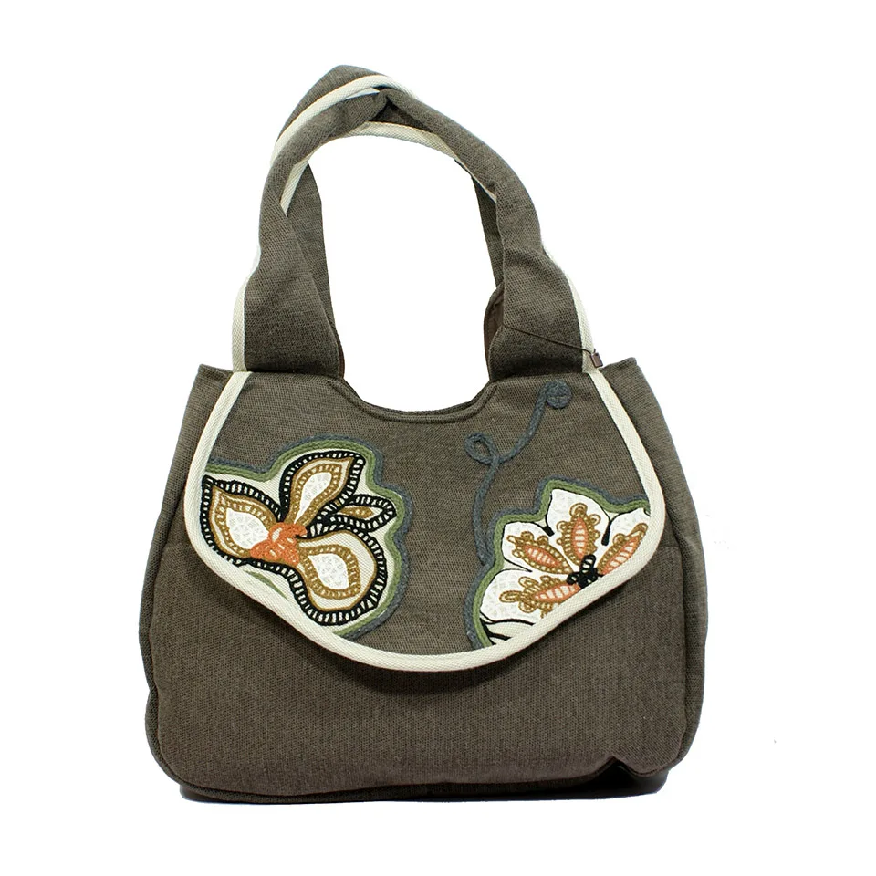 

cotton fabric embroidery flowers casual big shell shape lady handbags and shoulder bags for women