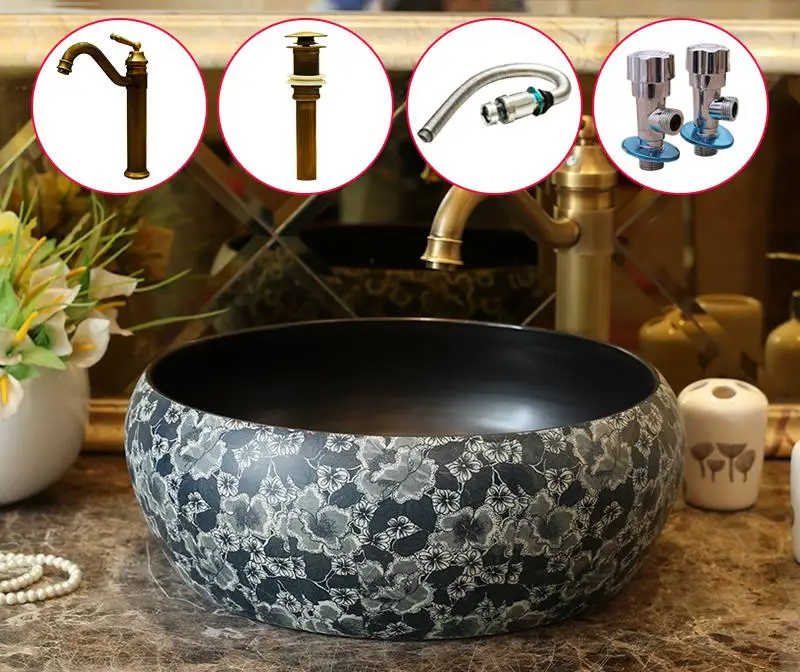 Jingdezhen Ceramic Basin Art Balcony Circular Antique Hand-made Blue And White Toilet ceramic wash Basin bathroom sink - Цвет: one set