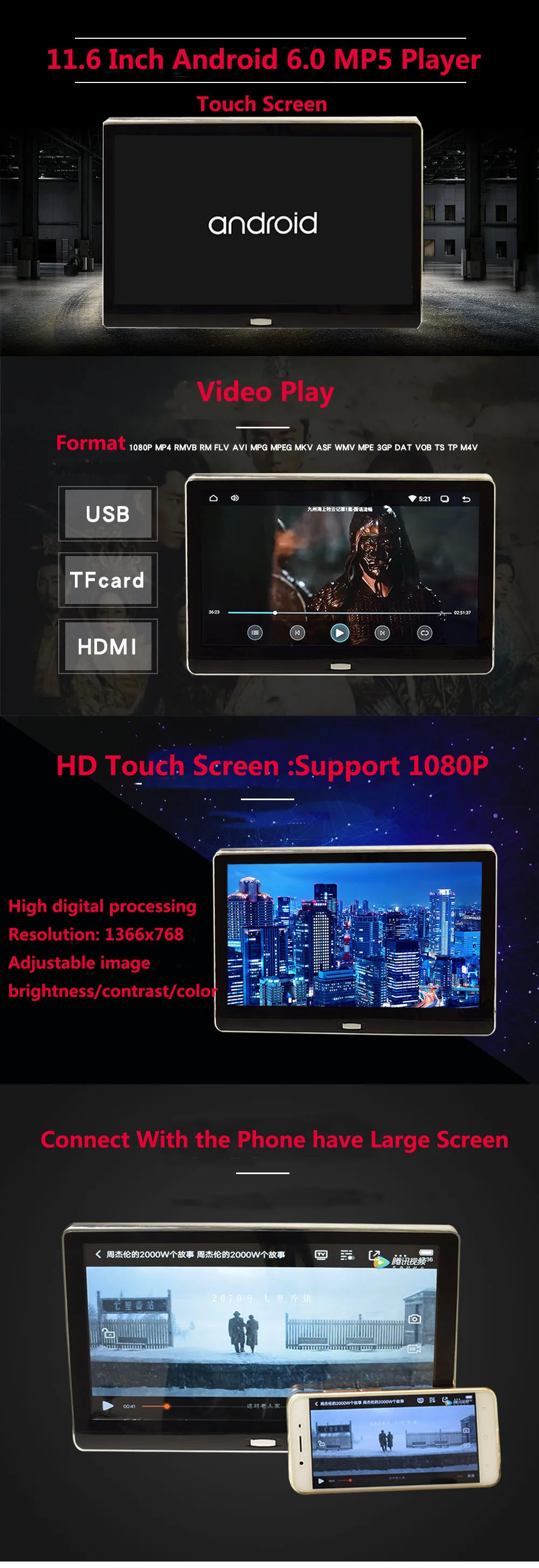 Cemicen 11,6 дюймов Android 6,0 Автомобильный монитор на подголовник HD 1080P видео ips сенсорный экран 3g/wifi/USB/SD/HDMI/IR/FM/Bluetooth/динамик