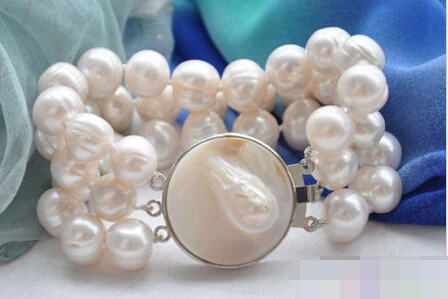 

Hot sell ->@@ 1046 3row 8" WHITE ROUND FRESHWATER PEARL BRACELET -Top quality free shipping