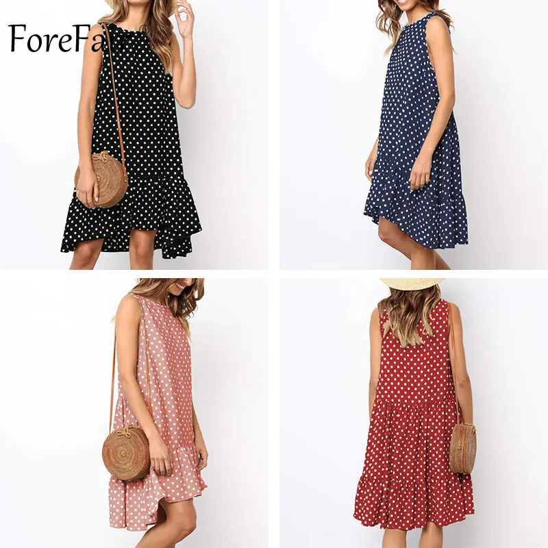 Forefair, платье в горошек для женщин, летнее, с открытыми плечами, с рюшами, неровное, круглый вырез, размера плюс, повседневное, мини, бохо, пляжное платье