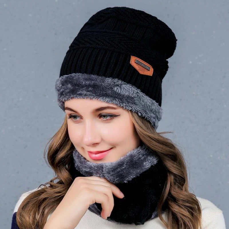 Beanies Collar Scarf Women or Mens Hats Warm with Velvet Inside