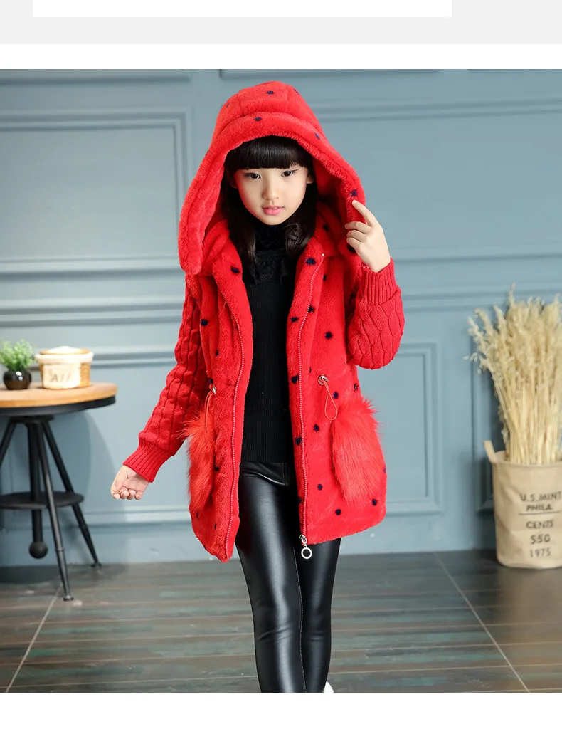 Зимнее флисовое пальто из искусственного меха для девочек теплая утепленная куртка пальто с капюшоном детская зимняя одежда, верхняя одежда Y846